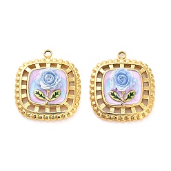 Алиса Синий 304 нержавеющей стальной эмали подвески, cmолой, квадрат с цветочным шармом, ионное покрытие (ip), реальный 18 k позолоченный, Алиса Блю, 24x20x6 мм, отверстие : 1.8 мм