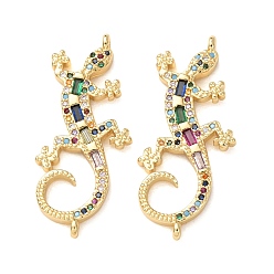 Real 18K Gold Plated Brass Pave Colorful Cubic Zirconia Connector Charms, Gecko Links, Rack Plating, Long-Lasting Plated, Cadmium Free & Lead Free, Real 18K Gold Plated, 34.5x15x3mm, Hole: 1.2mm