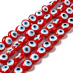 Red Handmade Evil Eye Lampwork Beads Strands, Flat Round, Red, 12.5x7.5mm, Hole: 1.6mm, about 33pcs/strand, 15.12''(38.4cm)
