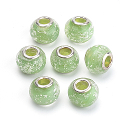 Светло-зеленый Бусины ручной работы светящиеся шарики европейца, с латунной двойных ядер, бусины с большим отверстием, рондель, светло-зеленый, 14~14.5x10~11 мм, отверстие : 5 мм