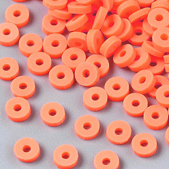 Orange Red Handmade Polymer Clay Beads, Disc/Flat Round, Heishi Beads, Orange Red, 4x1mm, Hole: 1mm, about 55000pcs/1000g
