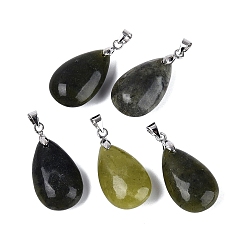 Southern Jade Подвески из натурального южного нефрита, слезинки, с защелкой из нержавеющей стали на поручнях, цвет нержавеющей стали, 28~32x14~16x8~10 мм, отверстие : 4.5x3.5 мм