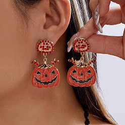 Pumpkin Halloween Alloy Enamel & Rhinestone Stud Dangle Earrings, Golden, Pumpkin, 48x28mm
