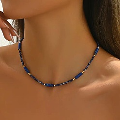 Royal Blue Dyed Natural Imperial Jasper Column and Glass Beaded Necklaces for Women, Golden, Royal Blue, 16.14 inch(41cm)