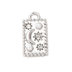 Платина Прелести сплава Rhinestone, с пластиковой жемчужины, прямоугольник с подвесками в виде луны и звезды, платина, 14.5x8x3 мм, отверстие : 1.6 мм