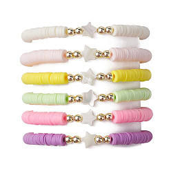 Звезда 6 шт. 6 набор цветных браслетов из полимерной глины Heishi Surfer Stretch, штабелируемые браслеты из натуральных ракушек и бисера, звезда, внутренний диаметр: 1-7/8~2 дюйм (4.9~5.1 см), широк: 4~8.5 мм, 1 шт / цвет