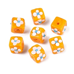 Orange Fait main perles au chalumeau cahoteuses, cube avec motif de fleurs, orange, 12~13x14~16x14~16mm, Trou: 1~1.6mm