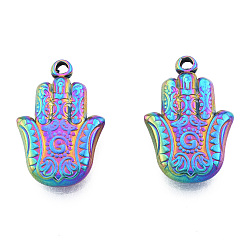 Rainbow Color Placage ionique (ip) 201 pendentifs en acier inoxydable, main hamsa/main de miriam, couleur arc en ciel, 23.5x15.5x3.5mm, Trou: 1.4mm