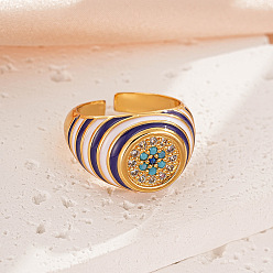 Плоский Круглый Браслет-манжета из латуни с микропаве из кубического циркония и эмалью для женщин., злые глаза, золотые, плоско-круглые, внутренний диаметр: 15~20 мм