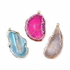 Mixed Color Mixed Electroplate Gemstone Natural Agate Slices Pendants, with Real 18K Gold Plated Eco-Friendly Copper Findings, Nuggets, Mixed Color, 67~75x32~42x5~7mm, Hole: 2.3~3mm