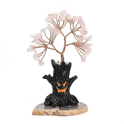 Розовый Кварц Тема хэллоуина натуральный розовый кварц чипсы дерево жизни украшения, пень из смолы с агатовой основой и медной проволокой, энергетический камень фэн-шуй, подарок для домашнего офиса, рабочего стола, 75~79x38~52x110 мм