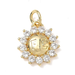 Цветок Латунные микропаве прозрачные кубические циркониевые подвески, с целью перехода в кольце, без свинца и без кадмия, долговечный, стойки покрытие, реальный 18 k позолоченный, цветок со словом fe, 14x12x3 мм, отверстие : 3 мм