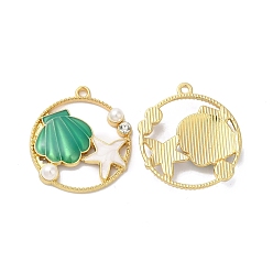 Кадет Синий Подвески из эмали и сплава, абс искусственный жемчуг со стразами, золотые, круглая морская звезда с ракушками, кадетский синий, 26.5x24.5x5 мм, отверстие : 1.6 мм