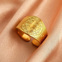 Золотой 304 открытые кольца манжеты из нержавеющей стали, Святой бенедикт, золотые, 14.5 мм