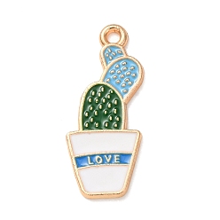 Blue Alloy with Enamel Pendants, Cactus with Word Love Charms, Golden, Blue, 27x11x1mm, Hole: 1.8mm