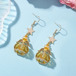 (932FM) Темно-синий аква-матовый с подкладкой Ангел-звезда ручной работы из стеклянных бусин и стеклянных подвесных сережек для женщин, 304 серьги нержавеющей стали, золотые, темно-золотистые, 60x21 мм