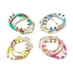 Mixed Color Handmade Polymer Clay Beads Stretch Bracelets Sets, with Brass Beads and Acrylic Enamel Beads, HAPPY, Mixed Color, Inner Diameter: 2-1/8 inch(5.5cm), 3pcs/set