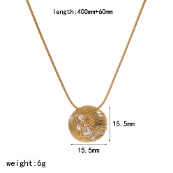 Flat Round 304 Stainless Steel Micro Pave Clear Cubic Zirconia Geometric Pendant Necklaces for Women, Golden, Flat Round, 15.75 inch(40cm), pendant: 15.5x15.5mm