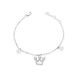 Silver TINYSAND Trendy 925 Sterling Silver Cubic Zirconia Crown Pearl Charm Bracelet, Silver, 168.7mm