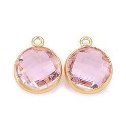Pink Стеклянные прелести, с настоящей 18k позолотой, фурнитура из латуни без кадмия, никеля и свинца, долговечный, плоские круглые граненые, розовые, 9x7x3 мм, отверстие : 1 мм
