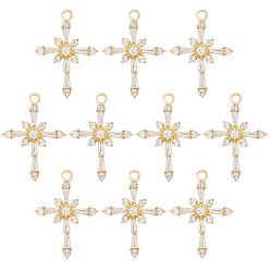 Настоящее золото 18K 10шт латунные прозрачные подвески из кубического циркония, религия крест очарование, реальный 18 k позолоченный, 25x18x3 мм, отверстие : 1.6 мм