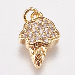 Golden Brass Micro Pave Cubic Zirconia Charms, Ice Cream, Golden, 14x10x3mm, Hole: 2mm