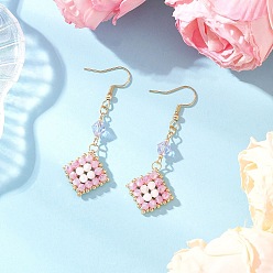 Pink 304 серьги-подвески из ромбовидного бисера из нержавеющей стали ручной работы, с натуральным радужным лунным камнем, золотые, розовые, 55x19 мм