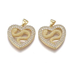Real 18K Gold Plated Brass Micro Pave Clear Cubic Zirconia Pendants, with Snap on Bails, Long-Lasting Plated, Heart with Dragon, Real 18K Gold Plated, 21x21.5x3mm, Hole: 5mm