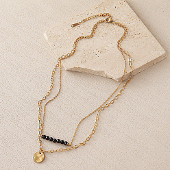 Topaz 304 Stainless Steel Textured Coin Pendant Double Layer Necklaces, Faceted Round Natural Black Topaz(Dyed & Heated) Necklaces for Women, Real 18K Gold Plated, 15.75 inch(40cm)