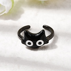 Черный Латунные эмалевые манжеты для женщин, форма кошки, долговечный, стойки покрытие, чёрные, регулируемый; 11x15мм