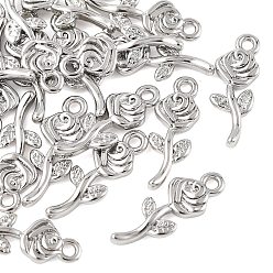 Real Platinum Plated SHEGRACE Brass Rose Charms, Cadmium Free & Nickel Free & Lead Free, Real Platinum Plated, 14x5x2mm, Hole: 1.2mm
