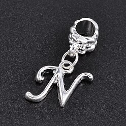 Letter N Large Hole Platinum Plated Alloy Letter Pendant European Dangle Charms, Letter.N, 25mm, Hole: 5mm