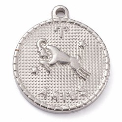 Aries 304 Stainless Steel Pendants, Flat Round with Constellation, Aries, 29x26x3mm, Hole: 2mm