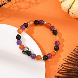 Colorful Halloween Natural Black Onyx(Dyed & Heated) & Amethyst & Carnelian Round Beaded Stretch Bracelets for Women, with 316 Surgical Stainless Steel Skull Beads, Antique Silver, Colorful, Inner Diameter: 2.09 inch(5.3cm)