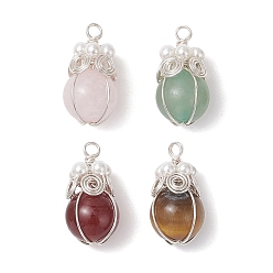 Серебро 4 шт. 4 стили подвески из натурального сердолика, розового кварца, зеленого авантюрина и тигрового глаза, круглые подвески с медной проволокой, смешанные окрашенные и неокрашенные, серебряные, 19x10.5 мм, отверстие : 2.5 мм, 1 шт / стиль