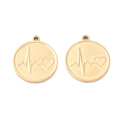 Настоящее золото 18K Вакуумное покрытие pvd 304 подвеска-кабошон из нержавеющей стали для эмали, ручная полировка, плоский круглый с сердцебиением, реальный 18 k позолоченный, 17x15x1 мм, отверстие : 1.2 мм