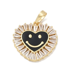 Black Rack Plating Brass Micro Pave Clear Cubic Zirconia Pendants, with Enamel, Long-Lasting Plated, Lead Free & Cadmium Free, Real 18K Gold Plated, Heart with Smile, Black, 20x19x2.5mm, Hole: 6.5x3.5mm