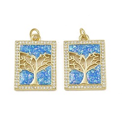 Настоящее золото 18K Латунные микропроволочные кубические циркониевые подвески из эмали, с целью перехода в кольце, прямоугольник с подвесками в виде дерева, реальный 18 k позолоченный, 23.5x16.5x3 мм, отверстие : 3.5 мм