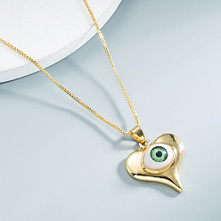 Light Green Brass Pendant Necklaces, Box Chain Necklaces, Heart with Evil Eye, Light Green, 16.65 inch(423mm)