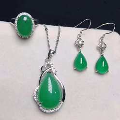 Зеленый 925 ожерелья, серьги и кольца из стерлингового серебра с микропаве из прозрачных кубических цирконий и натуральным халцедоном, платина, овальные, зелёные, 400 мм