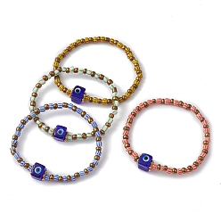 Mixed Color Evil Eye Lampwork & Glass Seed Beaded Stretch Bracelet, Mixed Color, Inner Diameter: 2-1/8~2-1/4 inch(5.5~5.7cm)