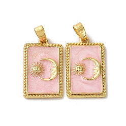 Бледно-Розовый Латунь эмаль подвески, прямоугольник с подвесками в виде солнца и луны, реальный 18 k позолоченный, розовый жемчуг, 20x12x2 мм, отверстие : 4x2.5 мм
