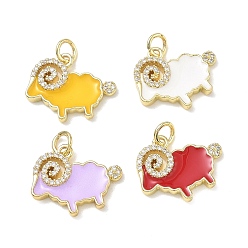 Mixed Color Brass Micro Pave Clear Cubic Zirconia with Enamel Pendants, Sheep Charms, Golden, Mixed Color, 15x18x3mm, Hole: 3mm