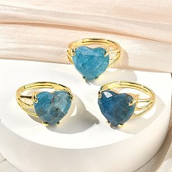 Апатит Латунные манжеты с открытыми кольцами, с натуральным апатитом, сердце, граненые, стойки покрытие, долговечный, золотые, размер США 8 1/2 (18.5 мм)