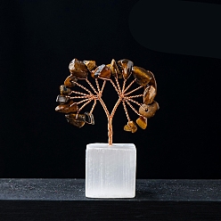 Тигровый глаз Натуральные чипсы из тигрового глаза, украшения «Древо жизни», на натуральной селенитовой основе, Медная проволока, энергетический камень фэн-шуй, подарок для женщин и мужчин, медитация, 60~65 мм