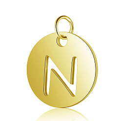 Letter N 304 Stainless Steel Charms, Flat Round with Letter, Golden, Letter.N, 12x1mm, Hole: 2.5mm