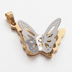 Goldenen und Edelstahl Farbe 304 Edelstahl Anhänger, Schmetterling, goldenen und Edelstahl Farbe, 19.5x29.5x10.5 mm, Bohrung: 4x5 mm