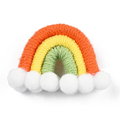 Coral Polycotton(Polyester Cotton) Woven Rainbow Wall Hanging, Macrame Woven Rainbow with Pompom, Coral, 35~37x48~52x16~17.5mm