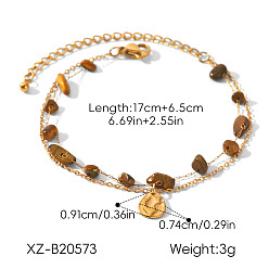 Golden 304 Stainless Steel Teardrop Charm 2-Strand Bracelets, Natural Tiger Eye Nuggets Beaded Chain Bracelets for Women, Golden, 6.69 inch(17cm)