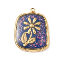 Фиолетовый 304 подвески из нержавеющей стали, эпоксидной смолы, с натуральными ракушками и пайетками внутри, прямоугольник с цветочными подвесками, реальный 18 k позолоченный, вакуумное покрытие pvd, фиолетовые, 23x18x3 мм, отверстие : 1.5 мм
